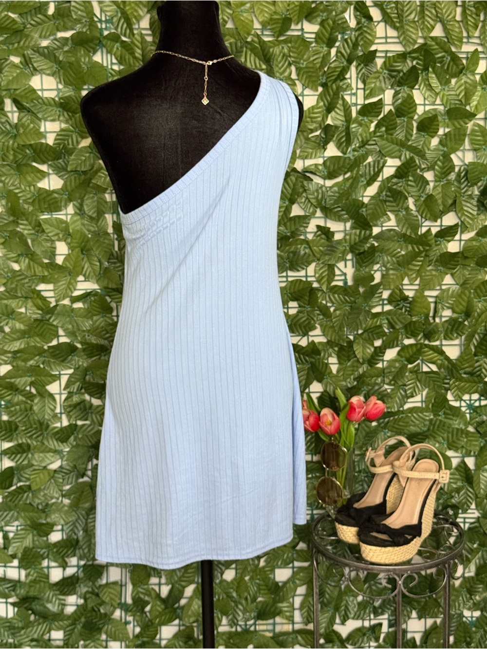 Light Blue One-Shoulder Ribbed Dress - Picture 2 of 3